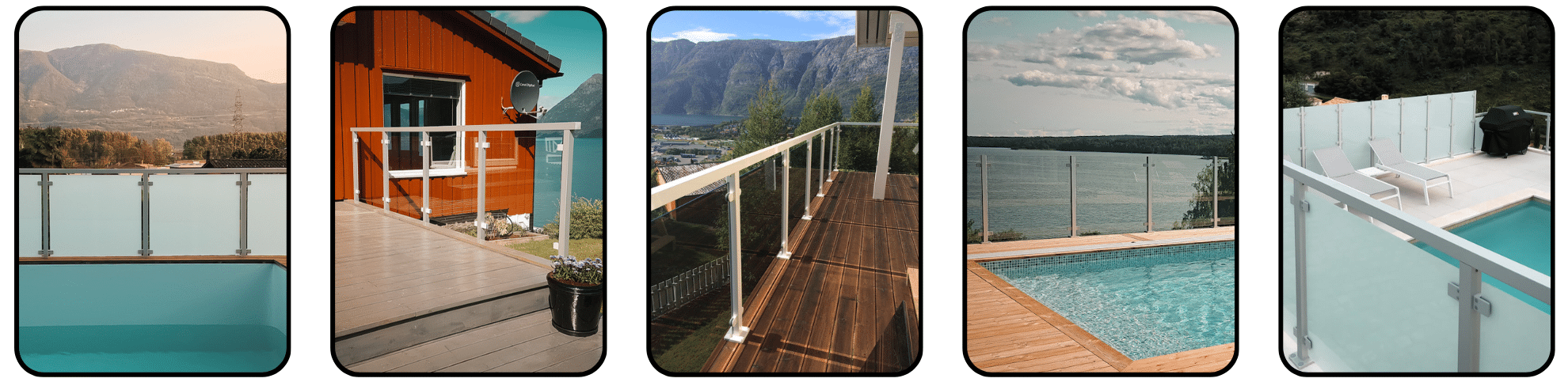 Image montage with five Alu Classic railings in white and silver, installed on patios and pool decks with glass infill in natural settings.