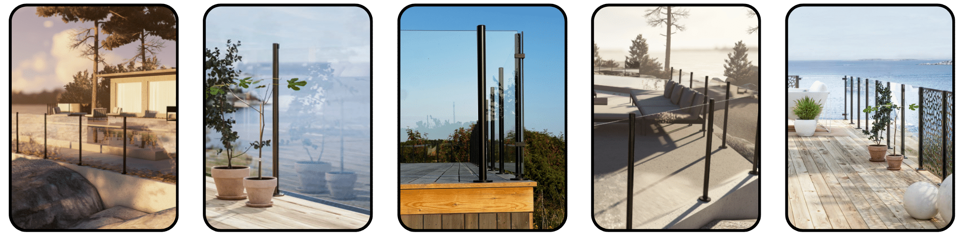 Collage showing Alu Sense glass railing systems with black posts in various outdoor environments – including decks, patios and terraces.