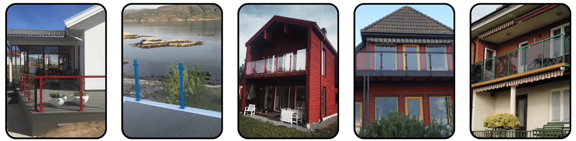 Five different homes with coloured aluminium railings – from a seaside deck to modern balconies with red, blue and anthracite glass infills.