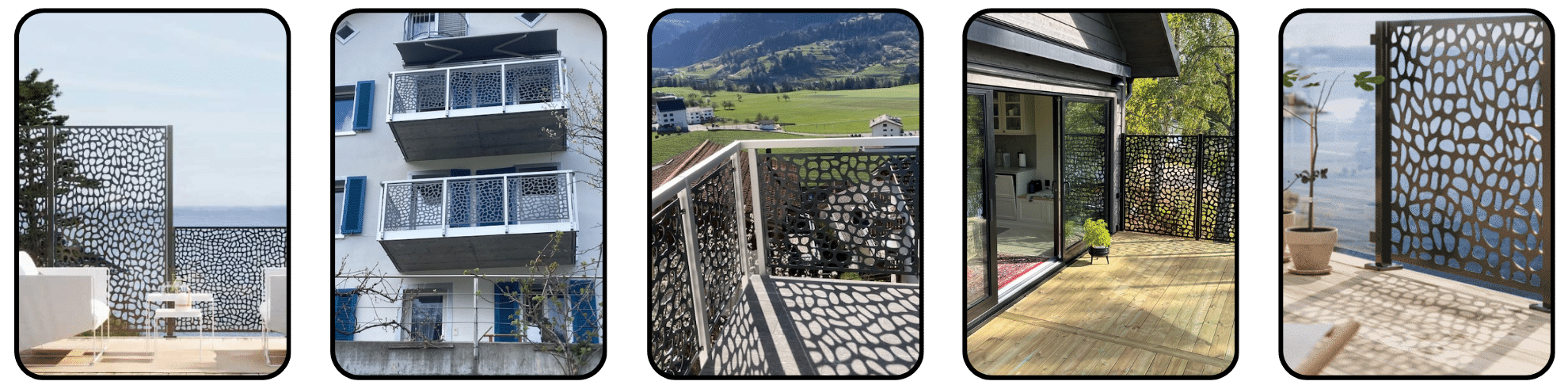 Collage of five images showing balcony and privacy screens in metal with organic patterns, mounted on terrace, balcony and patio settings.