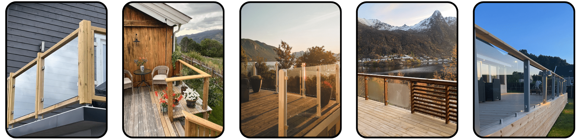 Five different terraces with glass balustrades mounted in timber posts, each showing unique settings, heights and combinations of wood and glass.