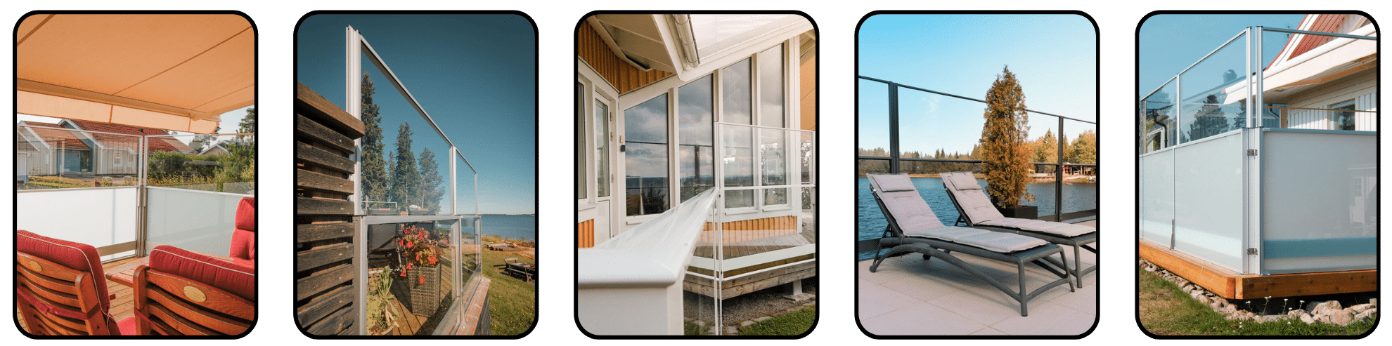 Collage of five height-adjustable glass railings installed on balconies and patios – with frosted or clear glass, black or silver frames and views of lakes and gardens.