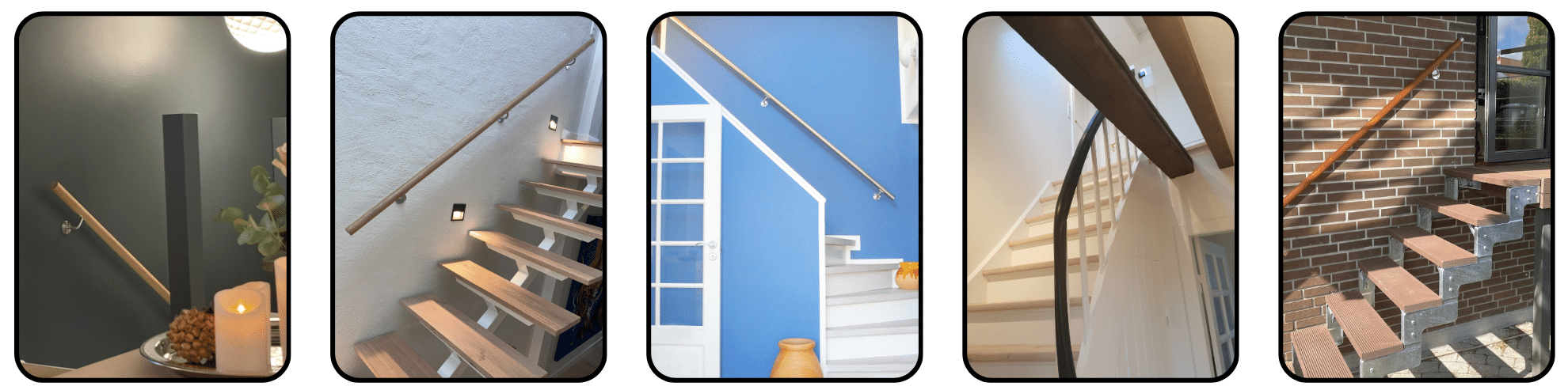 Five lifestyle images showing timber and metal handrails installed on various staircases, both indoors and outdoors.