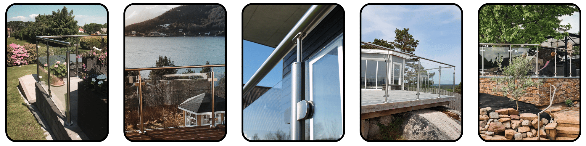 Five images of stainless steel railings with clear glass – mounted along timber patios, overlooking lakes, on stone walls and modern home exteriors.