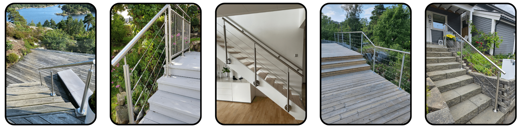 Collage showing wire railing systems in five different stair and ramp environments, both indoors and outdoors, with steel posts and top rails.