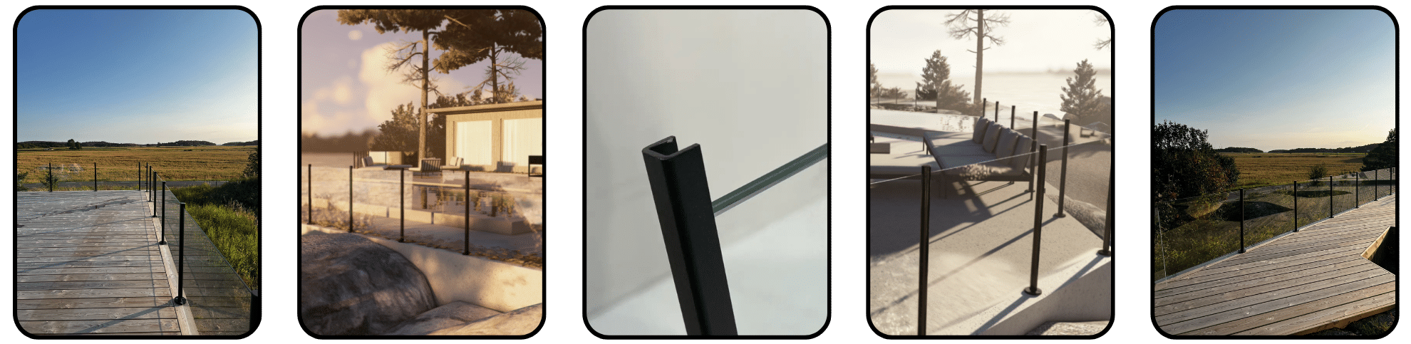 Collage showing Alu Sense glass railings with black aluminium posts in countryside landscapes, close-up detail, and coastal decks.