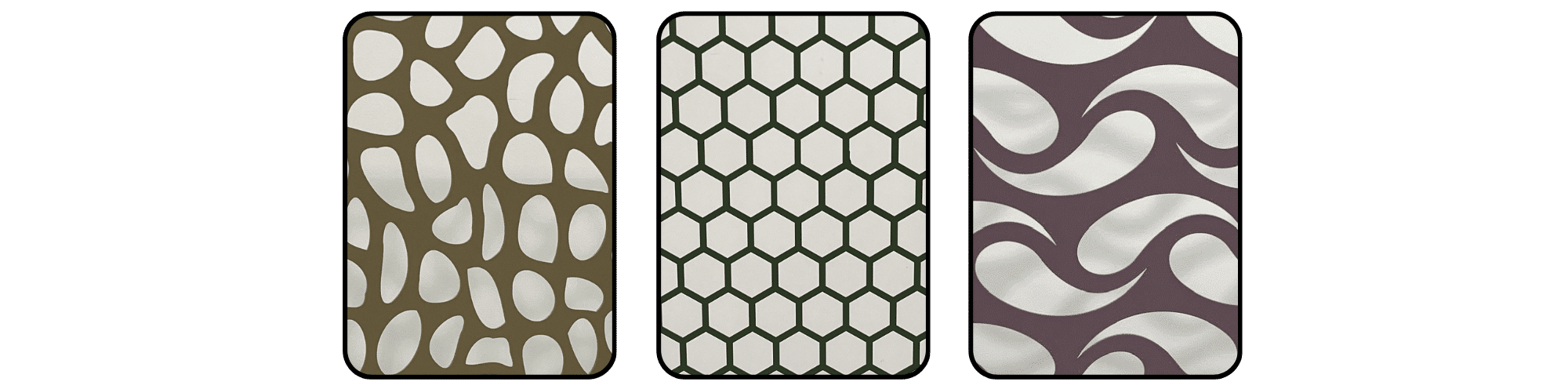 Collage showing three decorative outdoor metal screens – with organic, hexagonal and wave patterns – for privacy and wind protection.