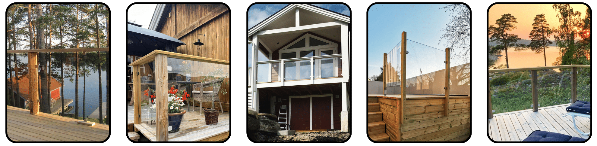 Five terrace balustrades where safety glass is secured with clamp fixings in wooden frames – from cottage-style views to lakeside scenes at dusk.