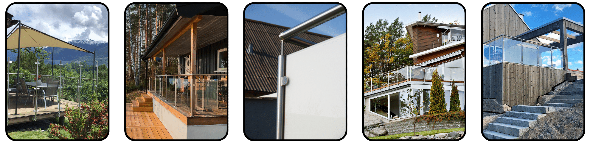 Collage with five examples of stainless steel and glass railings – including frosted and clear glass by decking, masonry, pergolas and contemporary stair landings.