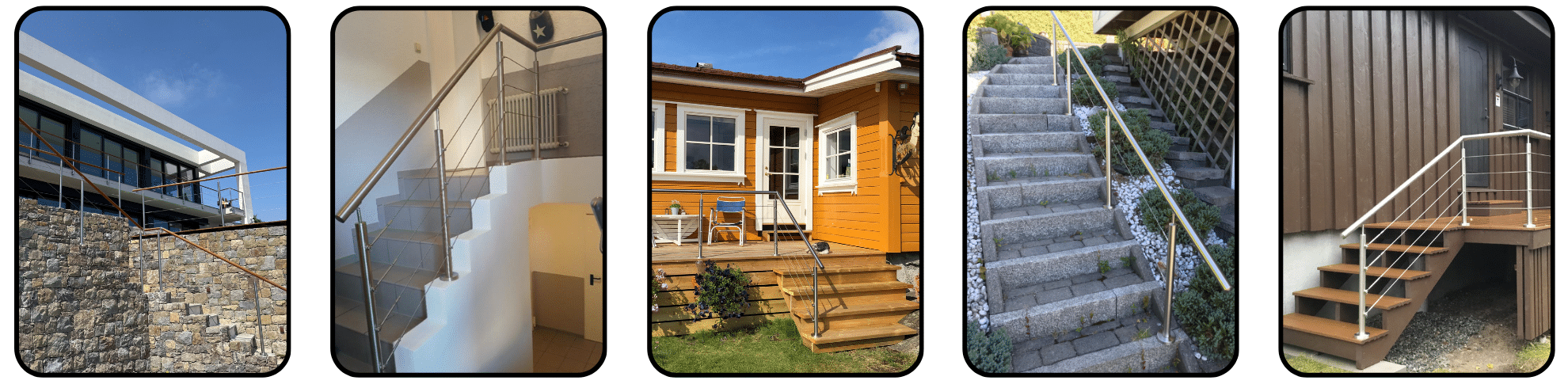Collage showing five stainless steel wire railings in various stair settings, including residential entrances, interiors and public walkways.