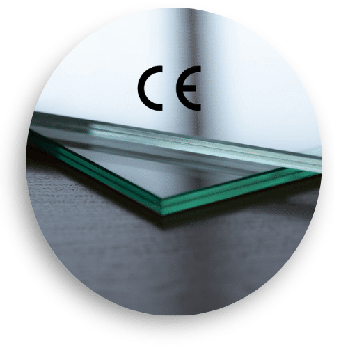 Close-up of laminated safety glass with CE marking – certified to EN 1090-1 for glass balustrade systems in the UK