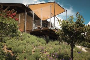 Elevated timber deck with stainless steel glass balustrade and sail shade, overlooking lush, sloped garden landscape.