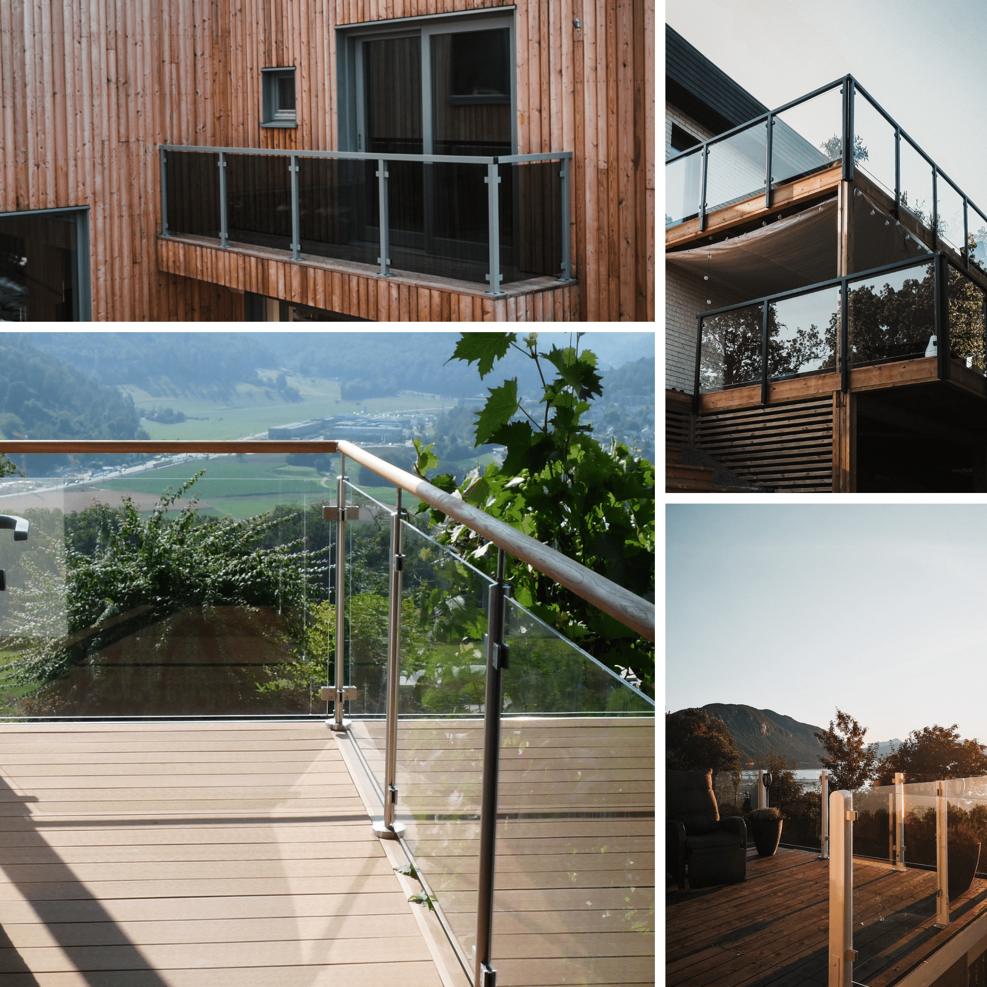 Collage of stainless steel and aluminium glass balustrades installed on balconies and terraces in mountain and modern home settings