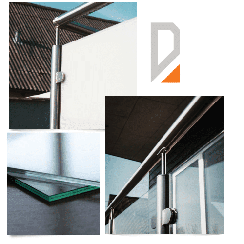 Collage of high-quality glass balustrades with stainless steel posts, frosted infill panels and CE-certified safety glass for balconies and terraces